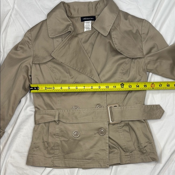 Women's Tan Double-Breasted belted Jacket size small with gingham lining - Picture 6 of 6